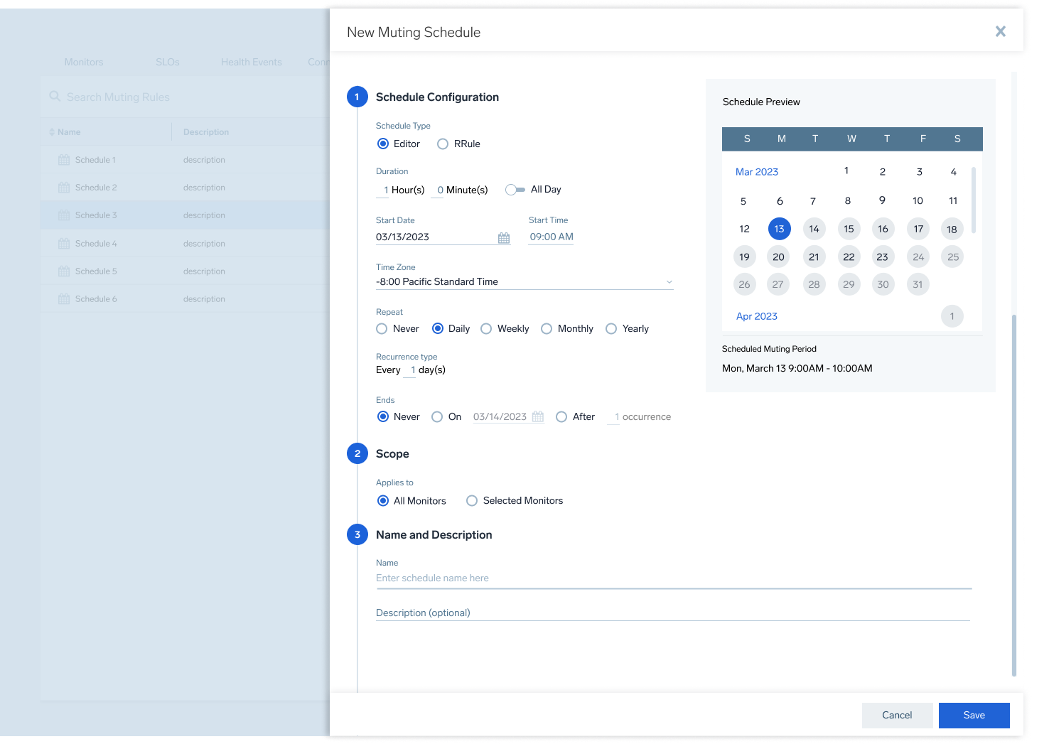 Schedule configuration with daily repeat